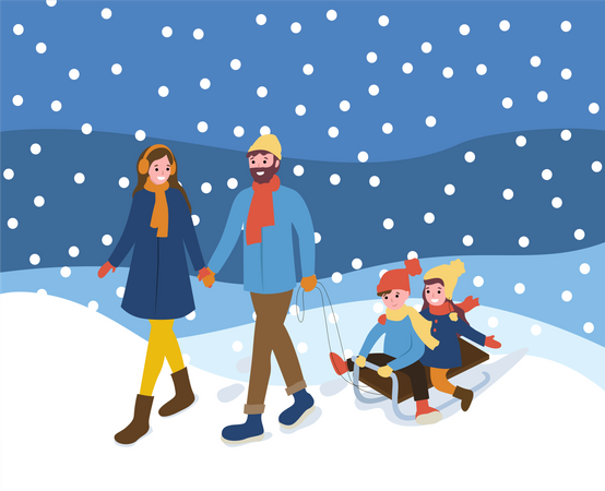Familia disfrutando del viaje de invierno  Ilustración