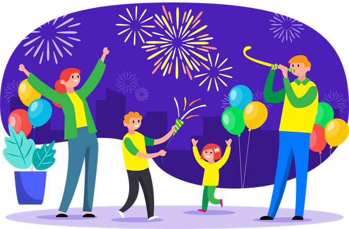 Familia divirtiéndose celebrando el Año Nuevo  Ilustración