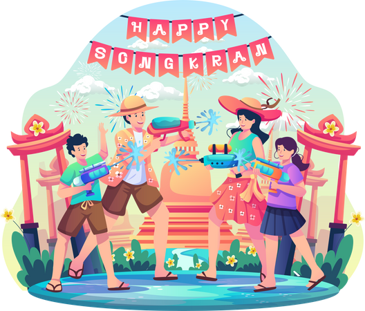 Familia divirtiéndose jugando con pistola de agua para celebrar el tradicional día de Año Nuevo de Tailandia  Ilustración