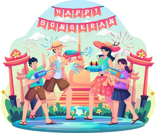 Familia Divirtiendose Jugando Con Pistola De Agua Para Celebrar El Tradicional Dia De Ano Nuevo De Tailandia Feliz Dia Del Festival Songkran Ilustracion De Vector De Estilo Plano Ilustración