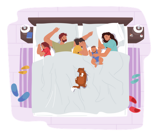 A família dorme junta em uma cama. Mãe, pai e filhos se abraçando  Ilustração