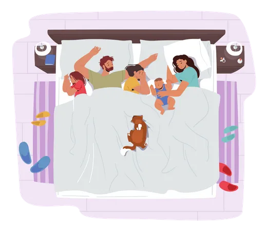 A família dorme junta em uma cama. Mãe, pai e filhos se abraçando  Ilustração