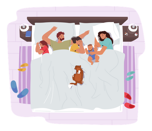 La Familia Duerme Juntos En Una Cama. Mamá, papá y niños abrazándose  Ilustración