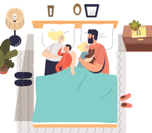 Gran Familia Durmiendo En Una Cama Padres Y Ninos Durmiendo Juntos En El Dormitorio Vista Desde Arriba Concepto De Relajacion Familiar Ilustracion De Vector Plano De Dibujos Animados Ilustración