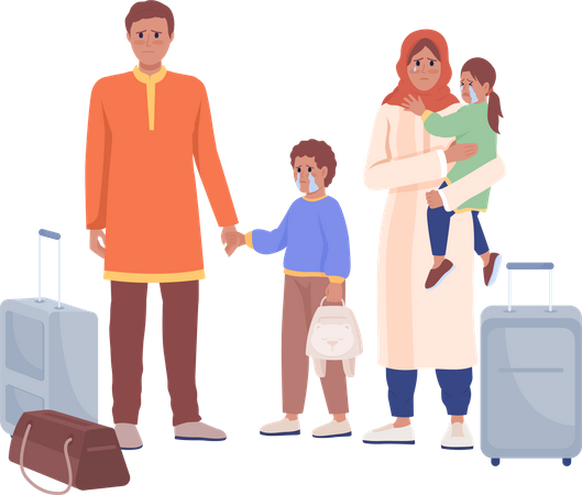 Família em fuga espera trem de evacuação  Ilustração