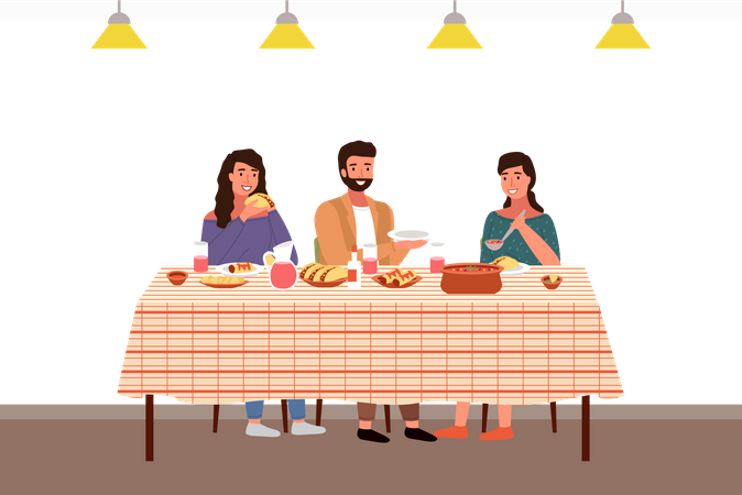 Família em um jantar em estilo mexicano  Ilustração
