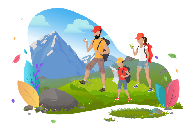 Família em trekking  Ilustração