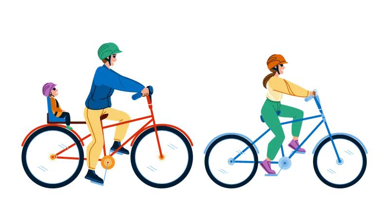 Familia en bicicleta juntos  Ilustración