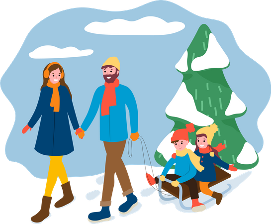 Familia en el bosque de invierno y niños sentados en trineo  Ilustración