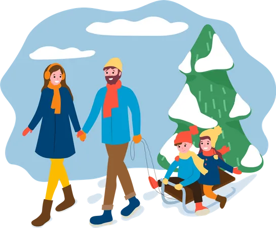 Familia en el bosque de invierno y niños sentados en trineo  Ilustración