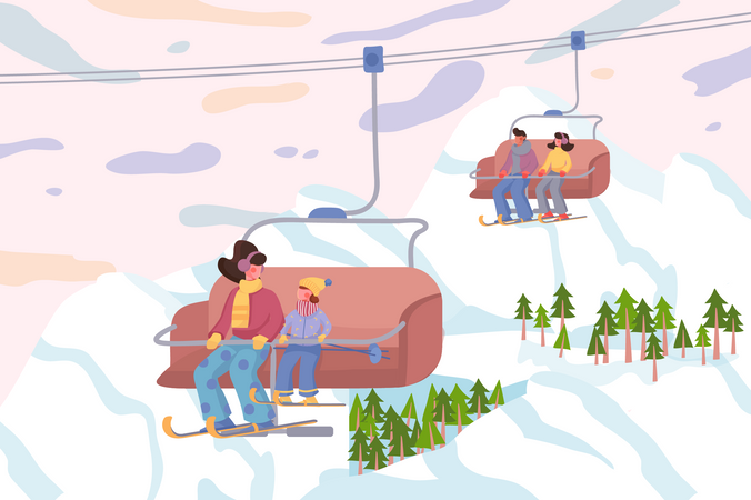 Familia en la estación de esquí en invierno  Ilustración