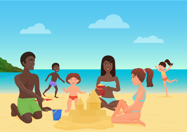 Familia en la playa  Ilustración