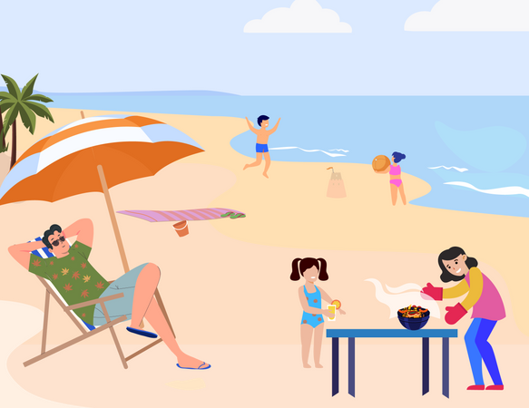Familia en la playa de vacaciones  Ilustración