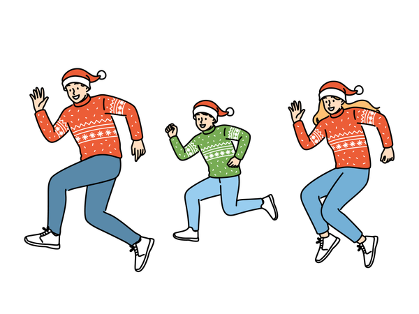 Familia con ropa navideña y gorros de Papá Noel mientras corre para las vacaciones de año nuevo  Ilustración