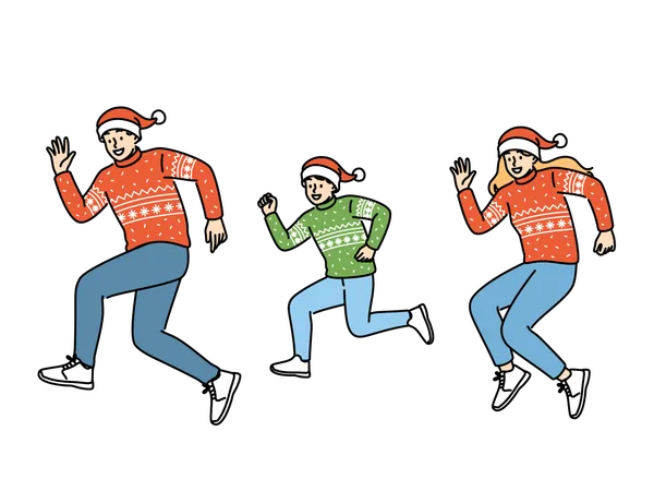 Familia con ropa navideña y gorros de Papá Noel mientras corre para las vacaciones de año nuevo  Ilustración