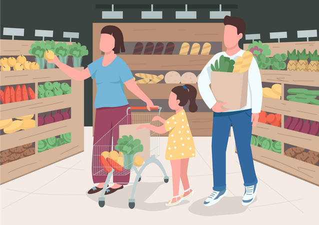 Familia en supermercado  Ilustración
