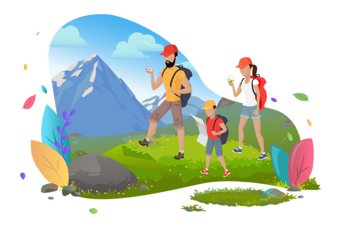 Familia en trekking  Ilustración