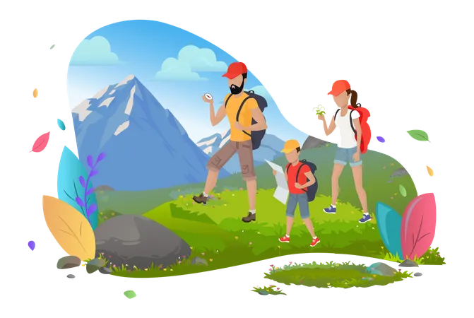 Familia en trekking  Ilustración