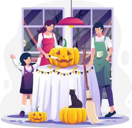 Família esculpindo abóboras em casa se preparando para o Halloween  Ilustração