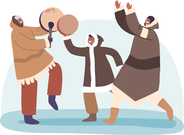 Família esquimó se reúne em círculos animados e dança ao ritmo de tambor e pandeiro  Ilustração