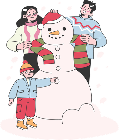 A família está decorando o boneco de neve  Ilustração