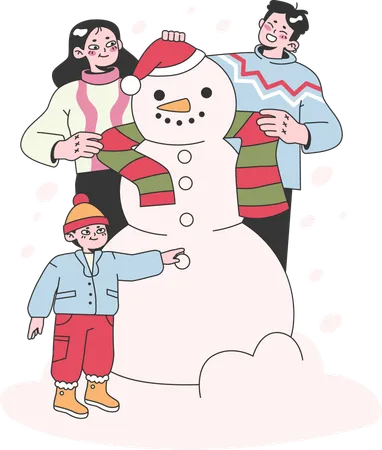 A família está decorando o boneco de neve  Ilustração