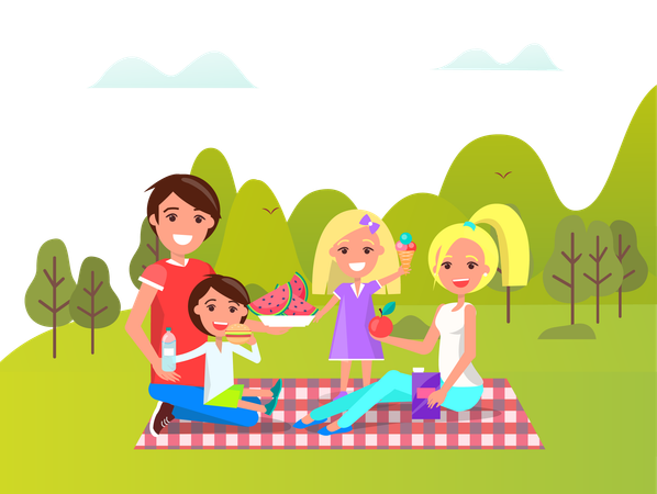 A família está desfrutando de um piquenique no jardim  Ilustração