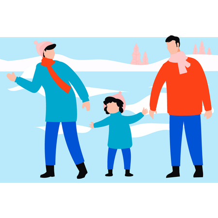 La familia disfruta en la nieve.  Ilustración