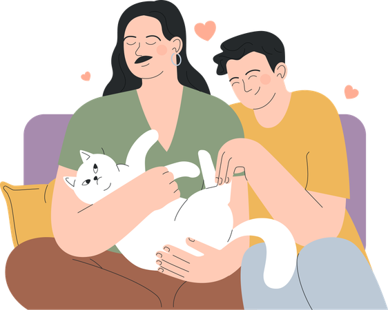 Família está passando tempo com gato de estimação  Ilustração