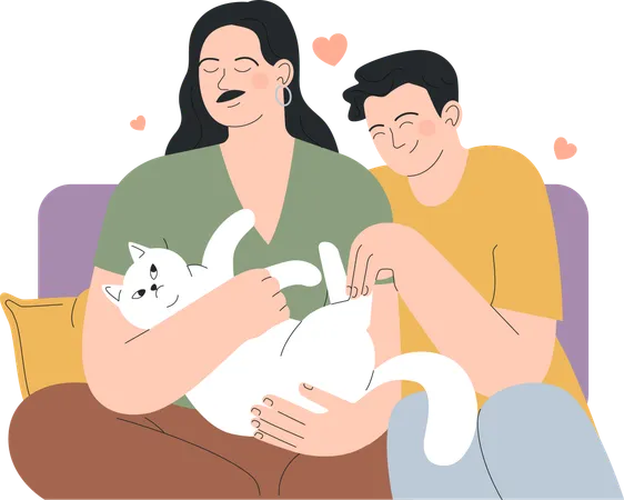 Família está passando tempo com gato de estimação  Ilustração