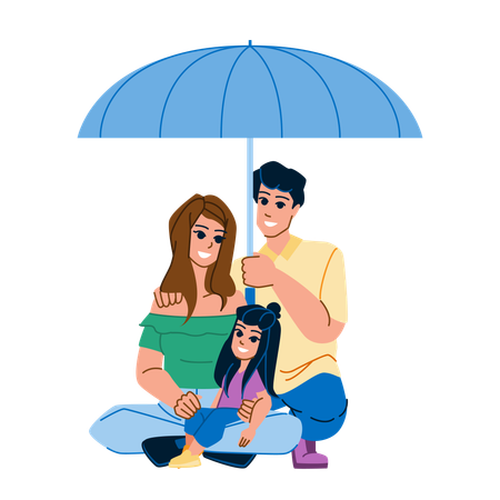 A família está sentada sob o guarda-chuva  Ilustração