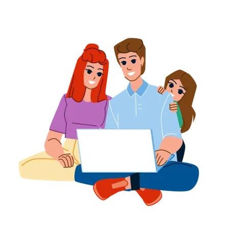 Família está usando computador  Ilustração