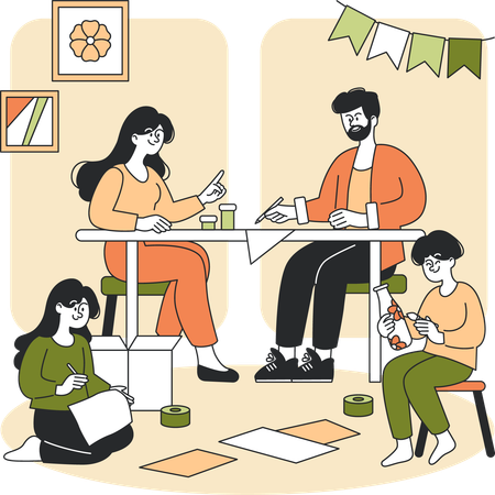 Família fazendo arte e artesanato juntos  Ilustração