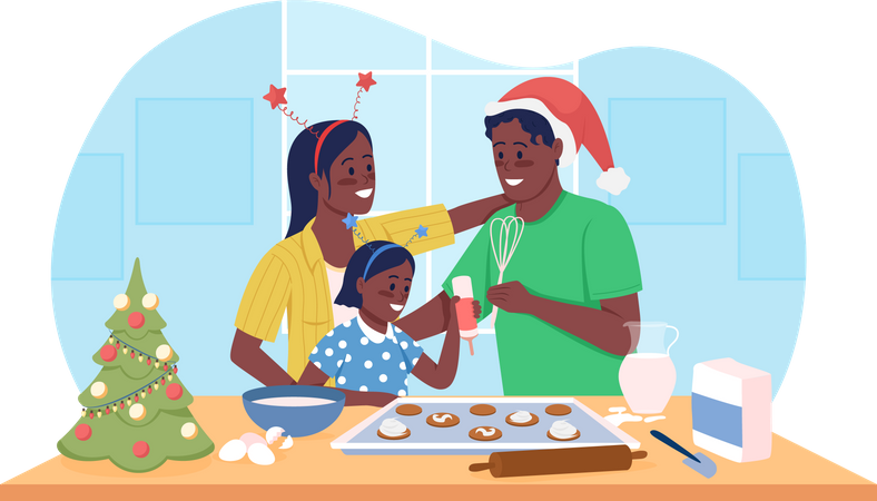 Família fazendo biscoitos de natal juntos  Ilustração