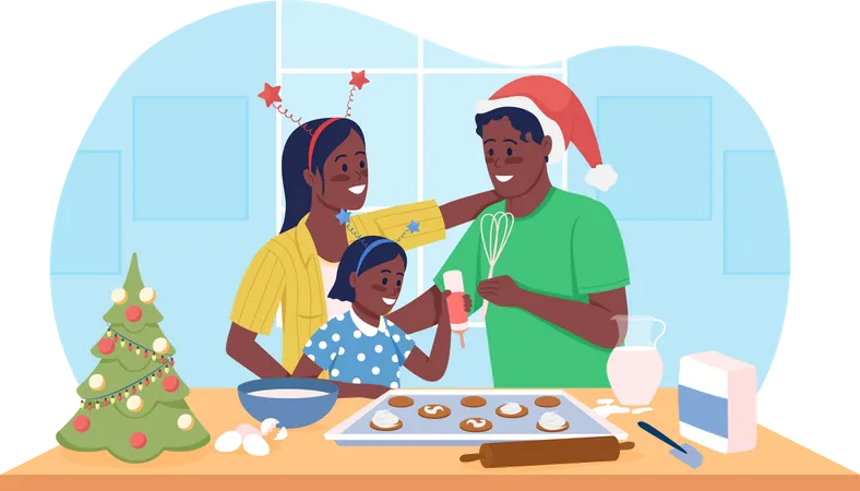 Família fazendo biscoitos de natal juntos  Ilustração