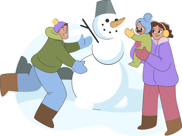 Família fazendo boneco de neve  Ilustração