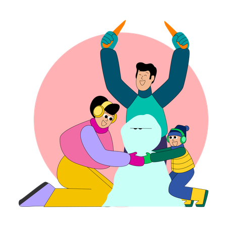 Família fazendo boneco de neve  Ilustração