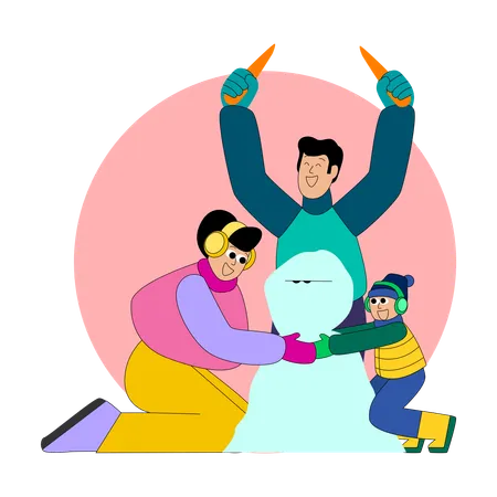 Família fazendo boneco de neve  Ilustração