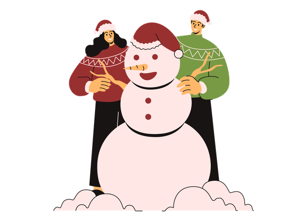 Família fazendo boneco de neve com amigos  Ilustração