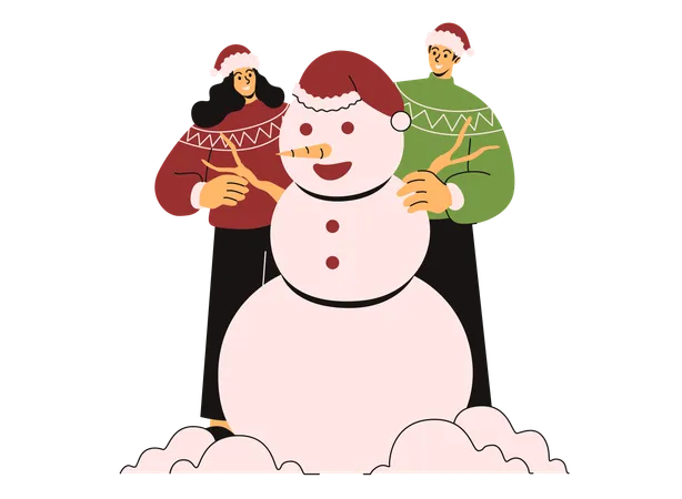 Família fazendo boneco de neve com amigos  Ilustração