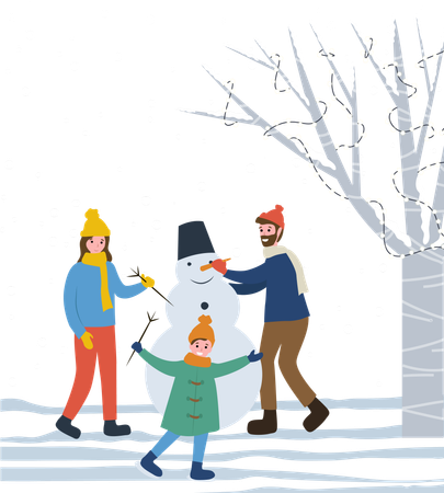 Família fazendo boneco de neve no parque  Ilustração