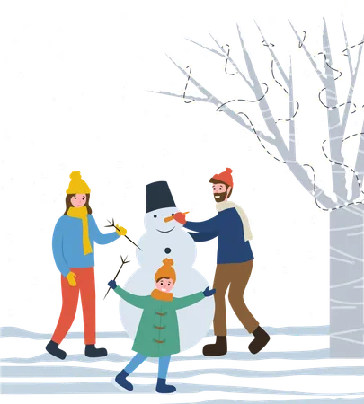 Família fazendo boneco de neve no parque  Ilustração