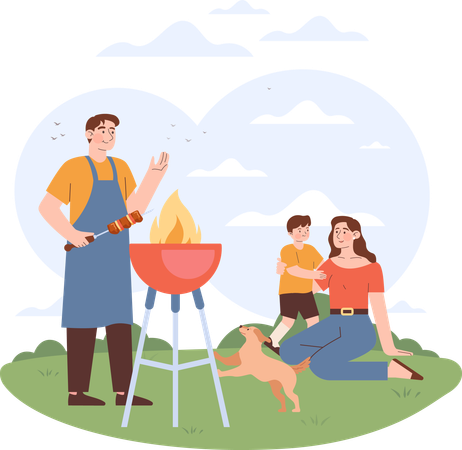 Família fazendo churrasco lá fora  Ilustração