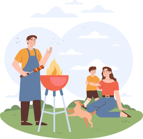 Família fazendo churrasco lá fora  Ilustração