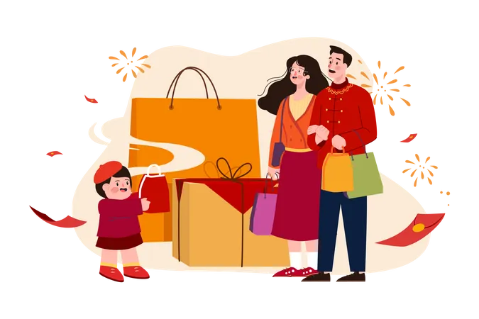 Família fazendo compras no Ano Novo Chinês  Ilustração