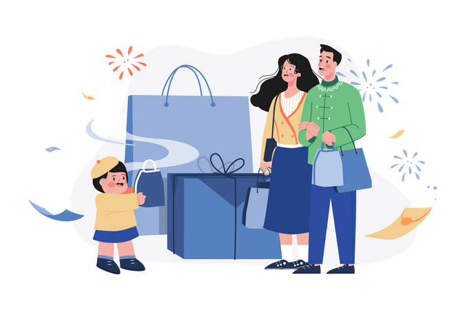 Família fazendo compras no Ano Novo Chinês  Ilustração