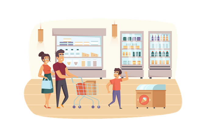 Família fazendo compras no supermercado juntos  Ilustração