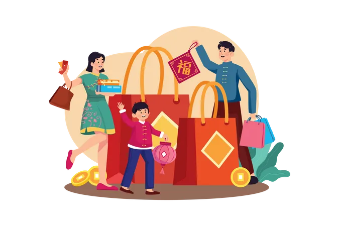 Família fazendo compras para o Ano Novo Chinês  Ilustração