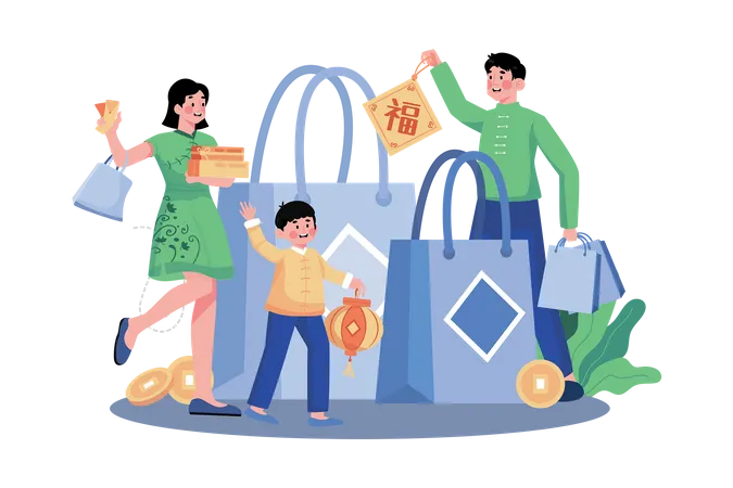Família fazendo compras para o Ano Novo Chinês  Ilustração