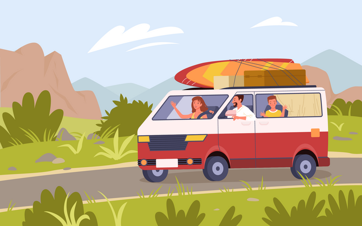 Família fazendo piquenique em campervan  Ilustração